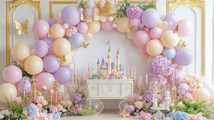 Whimsical Balloon Arch and Vintage Carriage Cake Smash Photo Shoot with Easter Egg Prop and Castle Backdrop