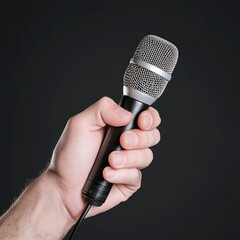 A male hand gripping a microphone against a dark background.