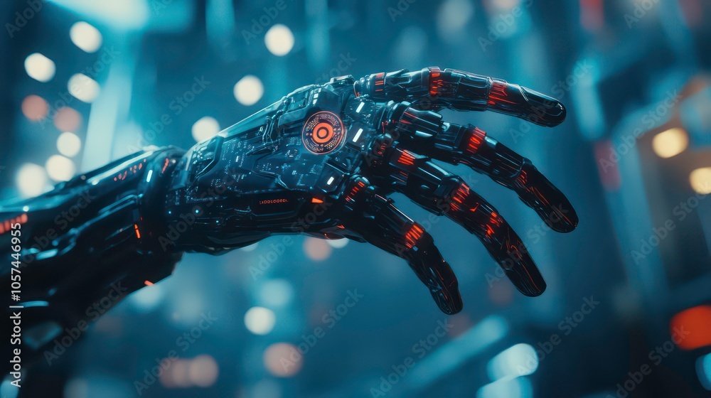 Poster A close-up of a futuristic robotic hand with intricate circuitry and glowing elements.