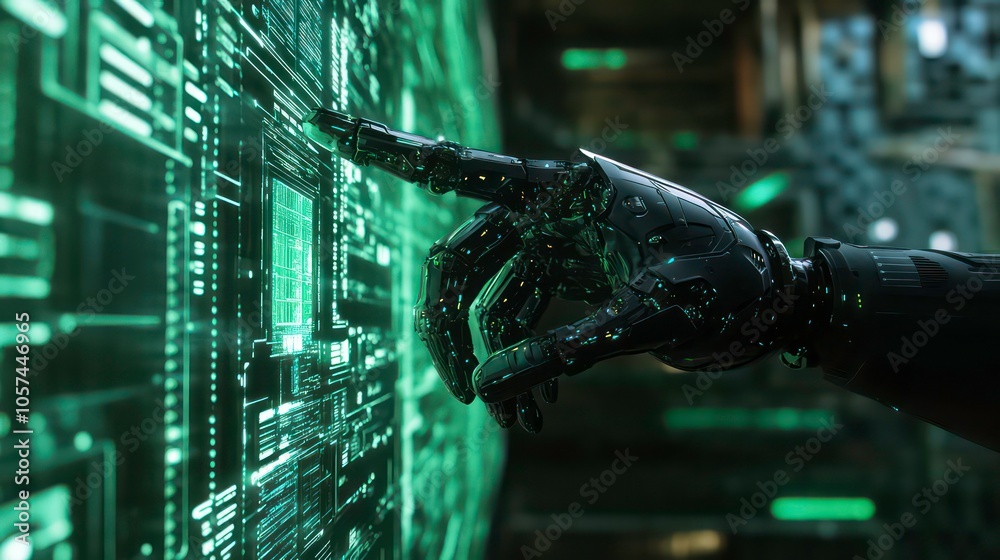 Poster A robotic hand interacts with a glowing digital interface filled with intricate circuitry.