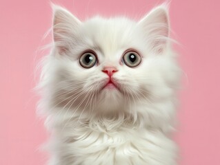 Fluffy white Persian kitten with big eyes on a pastel pink background, soft and adorable