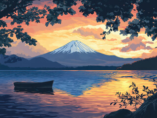 Serene sunset over a tranquil lake with a majestic snow-capped mountain in the background.