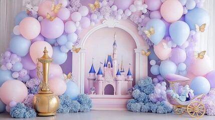 Enchanting Balloon Arch with Easter Egg Prop and Vintage Carriage for Whimsical Photo Shoot