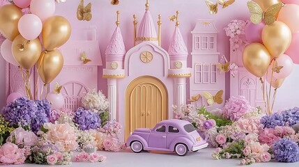 Whimsical Easter Cake Smash Photo Shoot with Balloon Arch and Vintage Carriage Prop