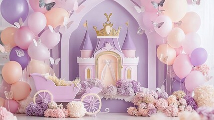 Enchanting Cake Smash Photography Set with Balloon Arch and Vintage Carriage Prop