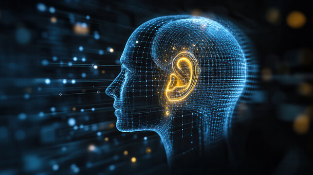 digital representation of human head with glowing ear, symbolizing listening and communication. background features abstract data patterns, enhancing futuristic theme