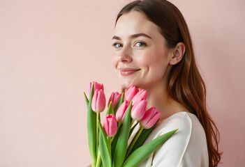 Fototapeta premium Portrait of a young girl with a bouquet of tulips