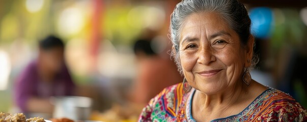 Obraz premium A close-up of a Mexican woman in a traditional embroidered blouse, smiling warmly as she serves food at a community event
