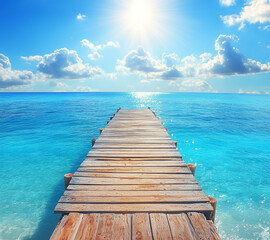 Fototapeta premium A wooden pier is in front of a beautiful blue ocean. The sky is cloudy, but the water is calm and clear.