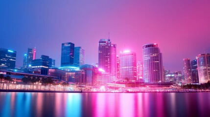 Obraz premium A city skyline lit up in pink lights at night, with landmarks showing solidarity for Breast Cancer Awareness Month
