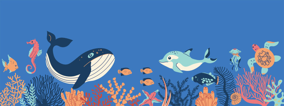 Sea underwater animals. Ocean wild marine animals and fish. Natural undersea world with cute exotic fish,  ocean plant, aquatic coral and color algae. Vector concept. 