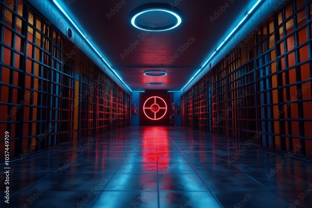Aufkleber Cyberpunk jail cell with neon lights and digital bars in a dark urban setting, capturing the high-tech and intense atmosphere of a futuristic confinement, symbolizing edge and control