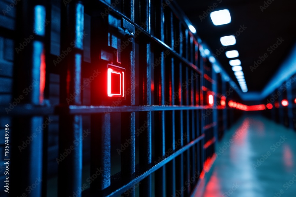 Aufkleber Cyberpunk jail cell with neon lights and digital bars in a dark urban setting, capturing the high-tech and intense atmosphere of a futuristic confinement, symbolizing edge and control