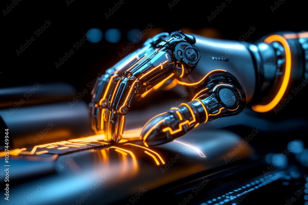 Poster cyberpunk robotic arm with neon lights and metallic components, set in a futuristic industrial works