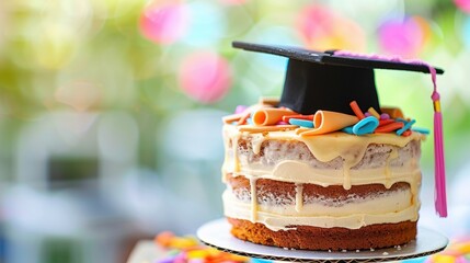 Soft focus on a congratulatory cake decorated with a graduation cap
