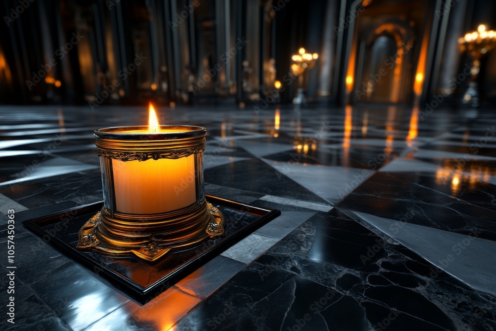 Poster dark gothic scene with candle flames illuminating an ancient room, capturing the moody and haunting 
