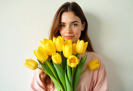Portrait of a young girl with a bouquet of yellow tulips