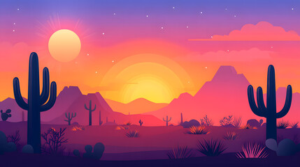 A vibrant desert sunset landscape featuring cacti silhouettes against a colorful sky with mountains in the background.