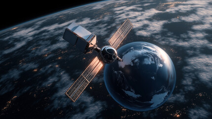 Obraz premium Satellite orbiting Earth with solar panels and digital of Earth's surface and atmospheric clouds, featuring city lights visible at night.
