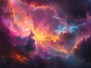 Fototapeta premium Vibrant cosmic nebula with swirling colors of pink, orange, and blue, showcasing the beauty of the universe.