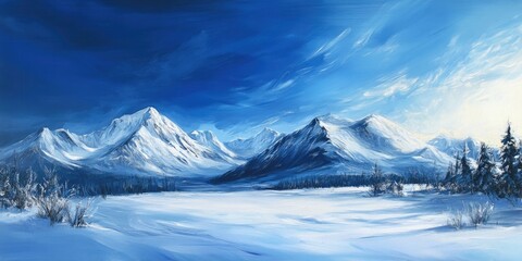 Obraz premium Wintery mountain scene features snow covered peaks beneath a bright, clear blue sky, showcasing the beauty of natures snowy landscape and the tranquility of a pristine atmosphere.