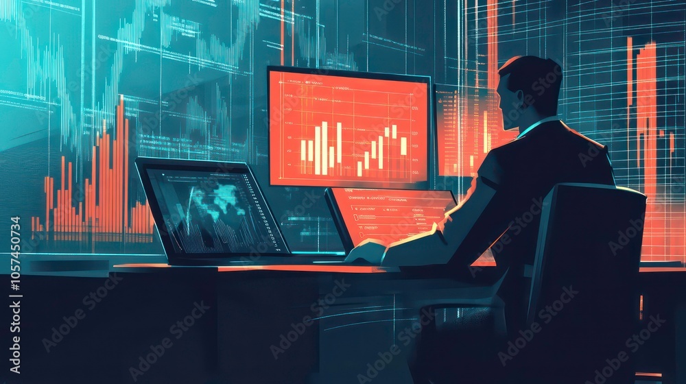 Poster a professional analyzing data trends on a laptop in a modern office setting.