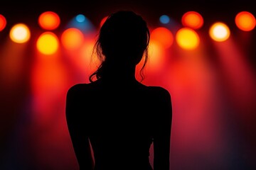 Silhouette of a person bathed in colorful red and blue stage lights, creating a striking contrast