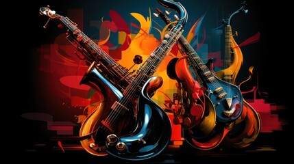 Obraz premium A vibrant artistic representation of musical instruments in a dynamic, colorful setting.