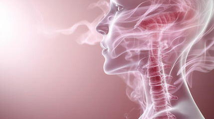 Human silhouette with lungs filled with swirling smoke, pink background, representing impact of smoking on health and beauty of human form