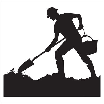 recommend clip art: Black silhouette of a construction laborer digging with a shovel on a white background 