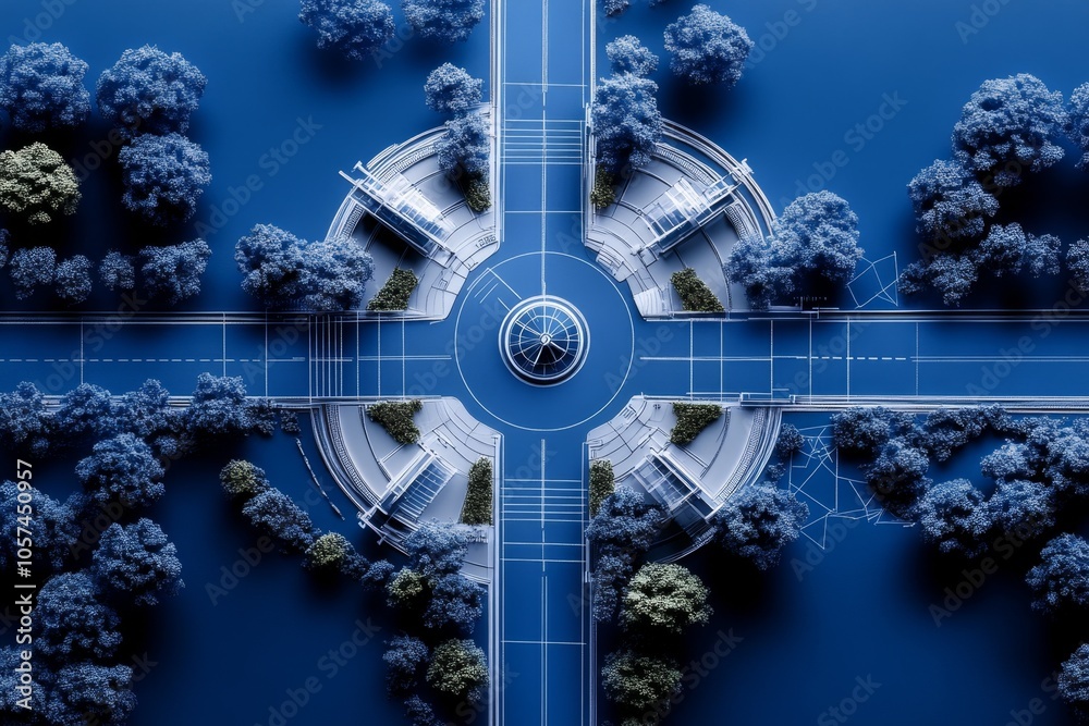 Poster detailed blueprint of a multi-lane highway interchange, showing overpasses, ramps, and merging lanes