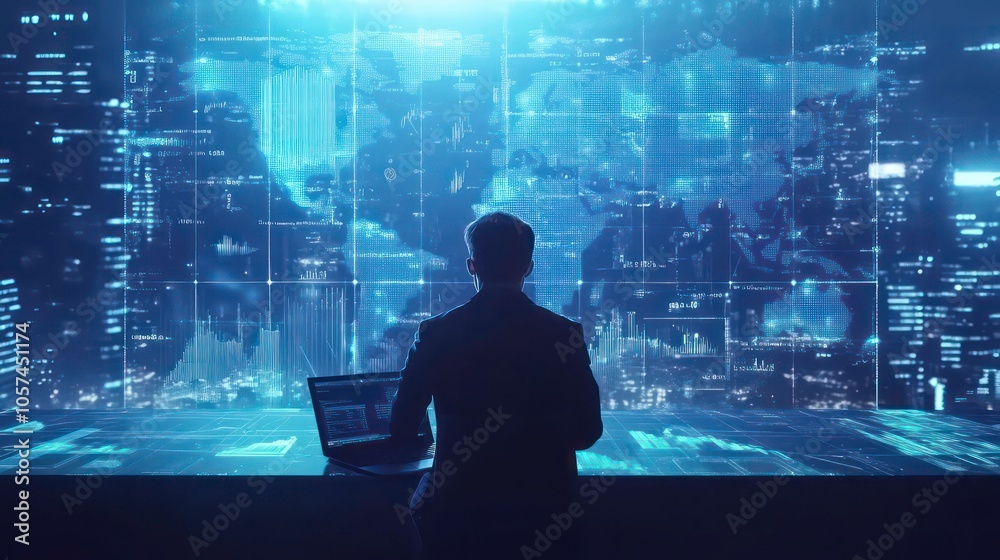 Poster a professional analyzing data trends on a laptop in a modern office setting.