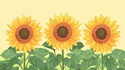 Obraz premium Four vibrant sunflowers against a green and light pink background create a lively scene. This sunflower composition provides ample copy space for text or branding.