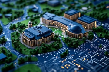 Detailed blueprint of a university campus layout with building sections, pathways, and green areas, capturing the holistic design approach in civil engineering, symbolizing community and innovation