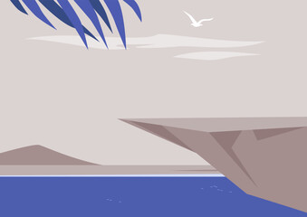 A breathtaking cliff stands majestically above tranquil waters, framed by soft clouds and distant hills, evoking a sense of peace and harmony in nature’s embrace