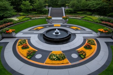 Detailed blueprint of an elaborate garden layout with pathways, flower beds, and fountains, showing the meticulous planning in landscape architecture, symbolizing harmony and beauty