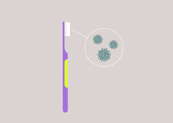 A toothbrush stands upright, showcasing tiny bacteria lurking on its bristles, highlighting the need for thorough cleaning and awareness in daily oral care routines