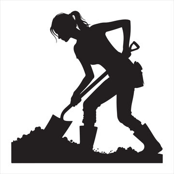 recommend clip art: Black silhouette of a construction laborer digging with a shovel on a white background 