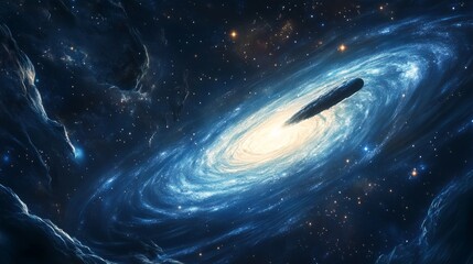 Obraz premium The comet passes by a giant spiral galaxy, illuminating the surrounding stars with its bright trail generative ai