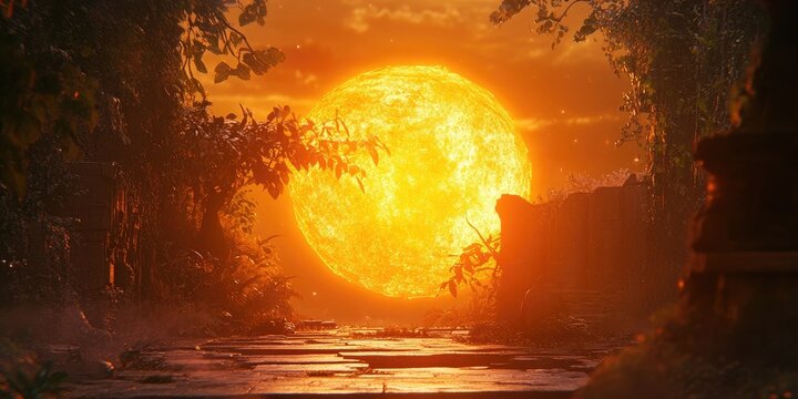 A vibrant, glowing bright yellow orange sun shines in a shaded area, spreading warmth and positivity all around, creating a cheerful and uplifting atmosphere.