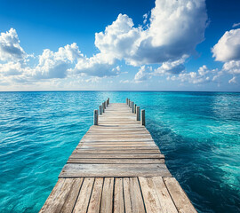 Obraz premium A wooden pier is in front of a beautiful blue ocean. The sky is cloudy, but the water is calm and clear.