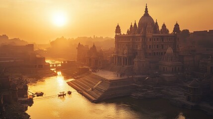 Obraz premium Ayodhya's Shri Ram Mandir bathed in golden light, symbolizing divine structure and cultural pride in Hinduism.