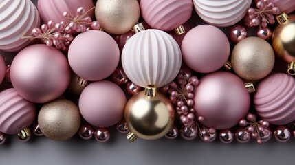 A festive arrangement of pink and gold baubles, accented by delicate sprigs of faux berries, creates a sophisticated and elegant holiday backdrop.