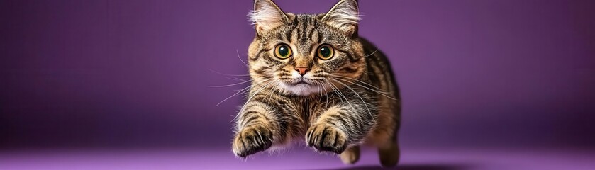 Playful tabby cat jumping in the air on a solid purple background, fun and dynamic