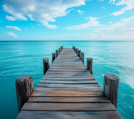 Fototapeta premium A wooden pier is in front of a beautiful blue ocean. The sky is cloudy, but the water is calm and clear.