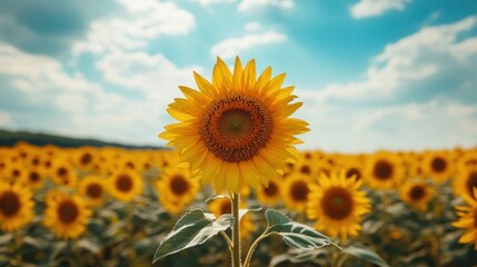 Obraz premium Single Sunflower in a Field of Yellow Blooms Under a Blue Sky