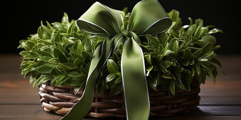 A lush green wreath woven into a wicker basket with a large, coordinating satin bow