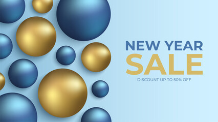 New Year Sale banner. Commercial background for shopping activities and holiday sales promotion. Gold and blue colored Christmas balls. Vector illustration.