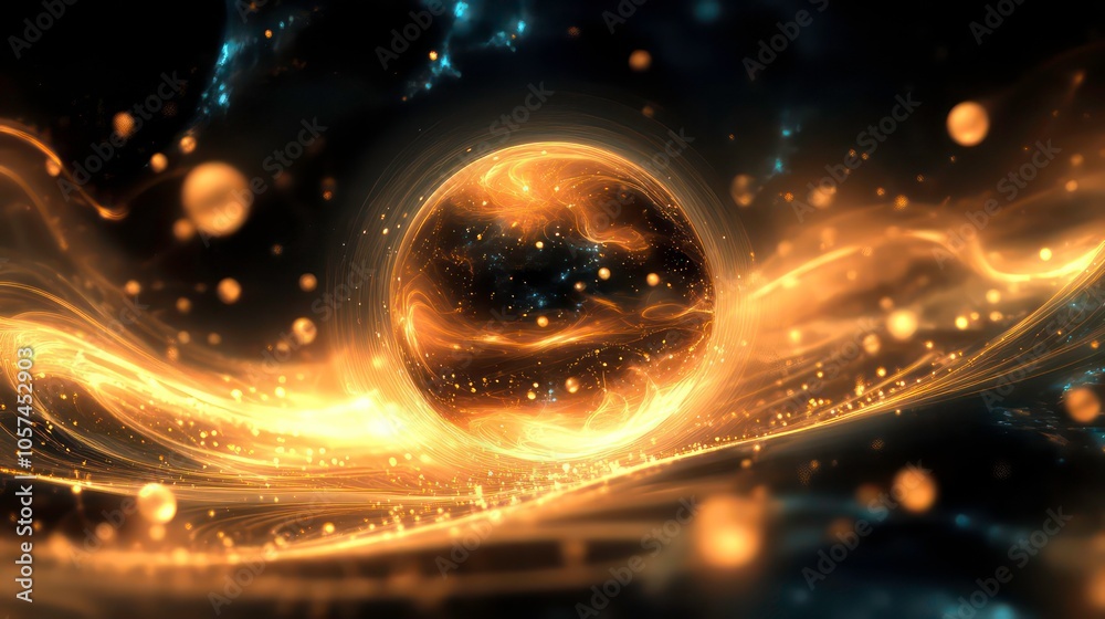 Poster this captivating close-up portrays a glowing sphere surrounded by glowing orbs and dynamic waves, de