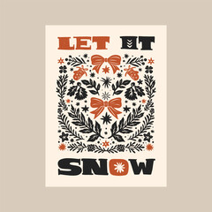 Merry Christmas and Happy New Year vertical flyer or poster template. Modern trendy Matisse minimal style. Hand drawn design for wallpaper, wall decor, print, postcard, cover, template, banner.